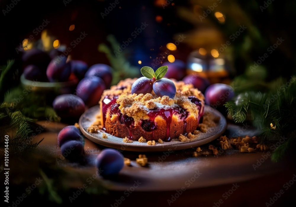 Poster a close-up of a plum cake with a crumble topping and a single plum on top, surrounded by other plums