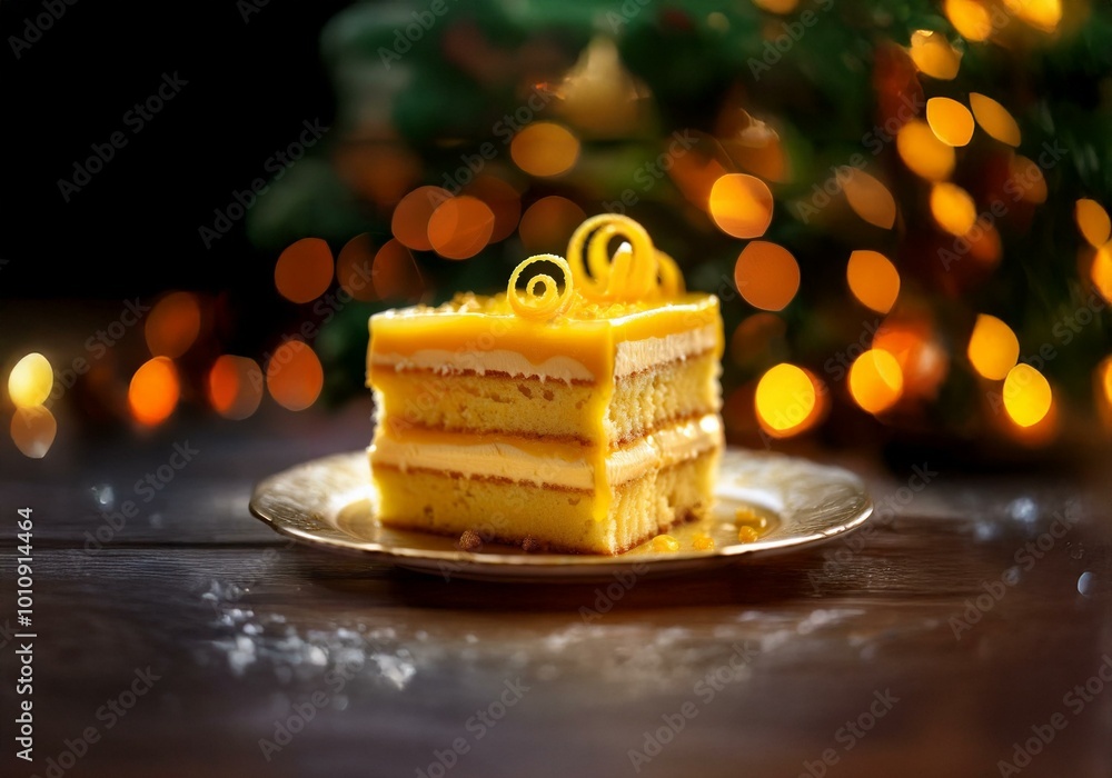 Poster a slice of cake with a yellow citrus glaze and a swirl of zest sits on a gold-rimmed plate against a