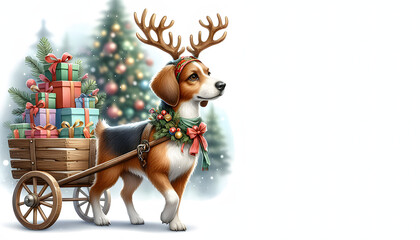 Fototapeta premium A cute dog is pushing a cart with gifts. On the dog's head is a felt decoration in the form of red deer antlers. Realistic photo. The dog is walking from right to left. In the background is a blurred 