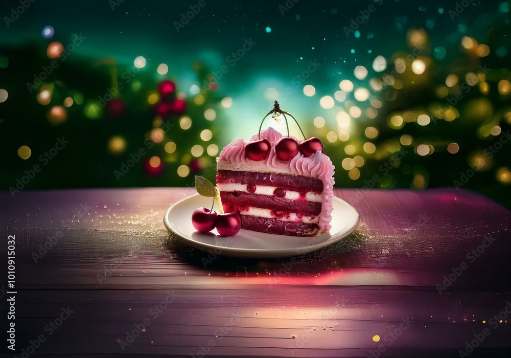 Aufkleber a slice of layered cake topped with cherries sits on a white plate on a wooden table with a blurred 