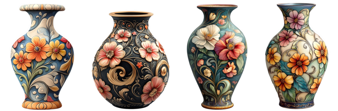 Colorful decorative vases with intricate floral patterns art transparent background