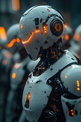 Fototapeta premium Futuristic Robot with Glowing Orange Lights in a High-Tech Environment Showcasing Advanced Artificial Intelligence and Robotics Technology