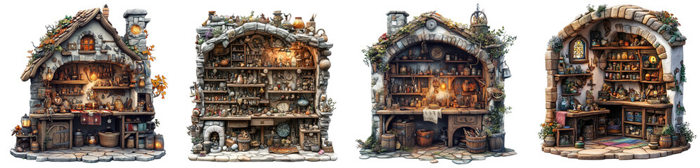 Fototapeta premium Magical rustic shelves filled with potions herbs and glassware transparent background