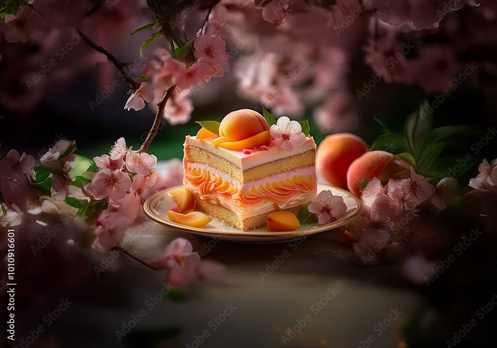 Poster A slice of layered cake with peach and cream frosting is displayed on a plate with peach slices and cherry blossoms.