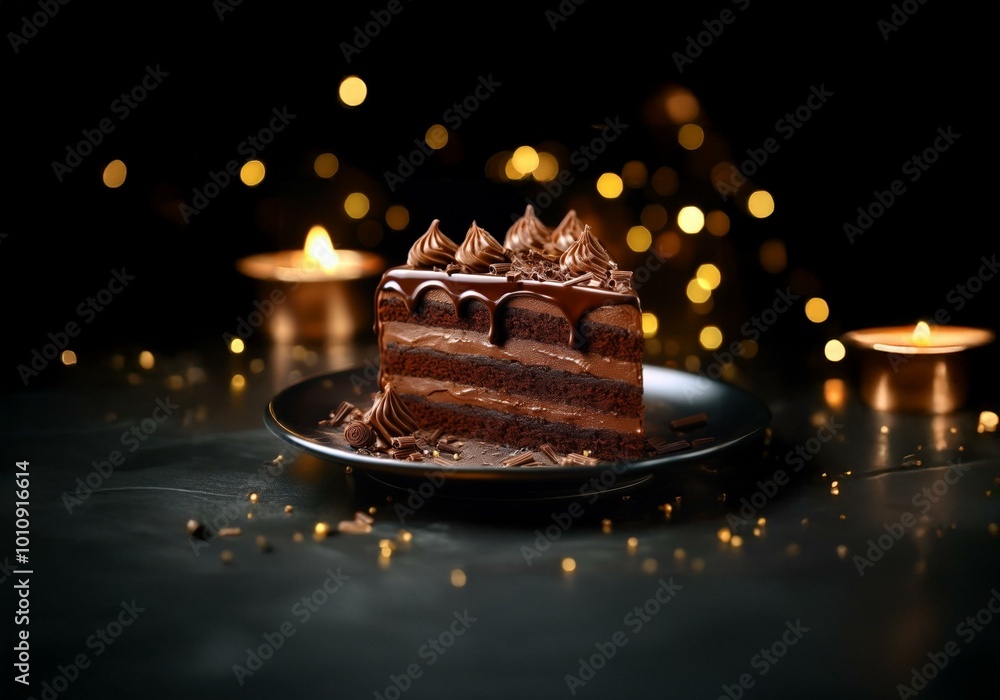 Poster a slice of chocolate cake with chocolate frosting and drizzled chocolate sits on a black plate in fr