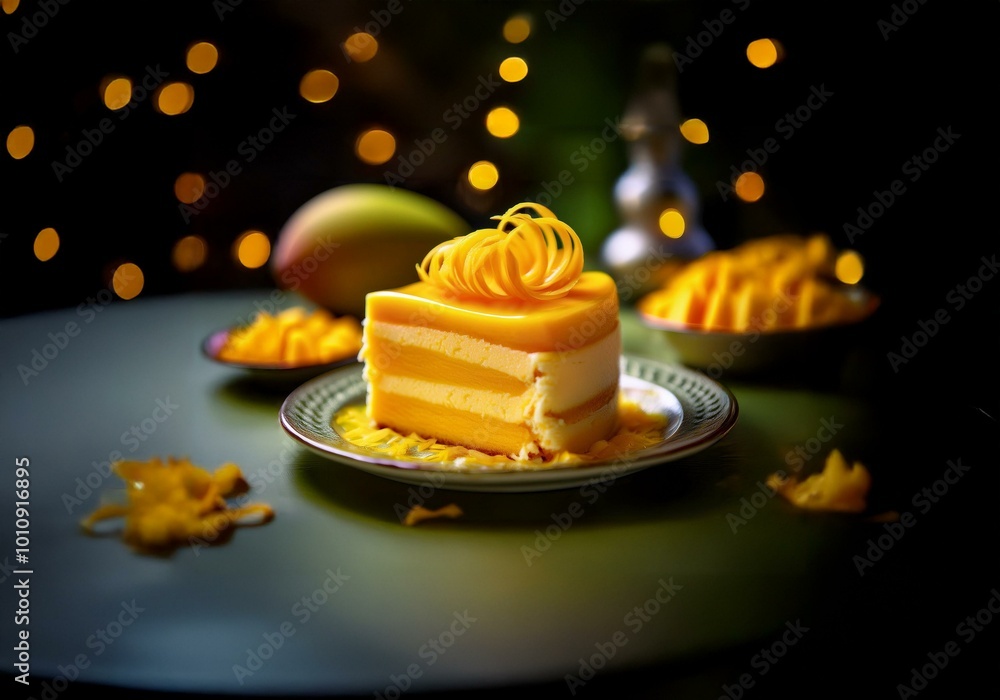 Poster a slice of mango cake on a green plate with fresh mango slices in the background. the table is lit w