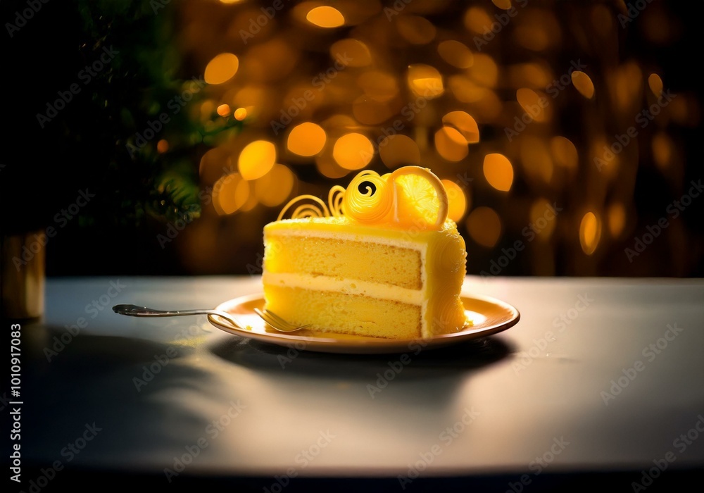 Aufkleber a slice of lemon cake with a lemon garnish sits on a plate against a blurred background of yellow li