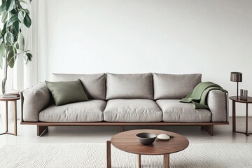 A modern minimalist living room with a gray sofa, wooden tables, soft lighting, and green accents.