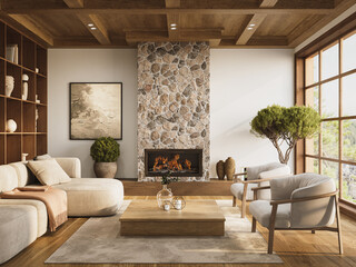 Interior design of modern apartment with large shelf, rafter ceiling and comfortable furniture, 3d render
