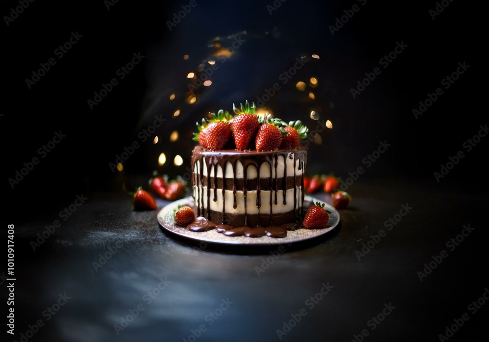 Poster A chocolate cake with a white layer and drizzled with dark chocolate topped with fresh strawberries on a dark background with out-of-focus lights.
