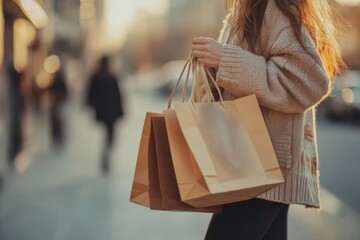 A woman in winter clothing holds several shopping bags while walking outside, winter sales.