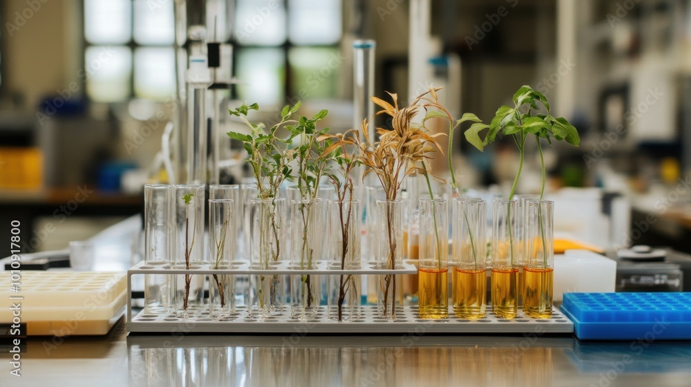 Sticker Laboratory setup with test tubes containing plants and liquids for scientific research.