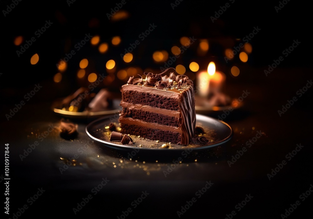 Poster a slice of chocolate cake on a dark background with gold sprinkles and bokeh lights.