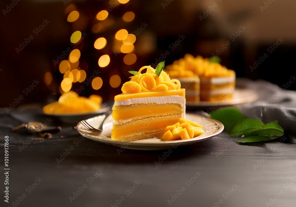 Poster A slice of mango cake with a creamy layer and yellow filling, decorated with mango slices.
