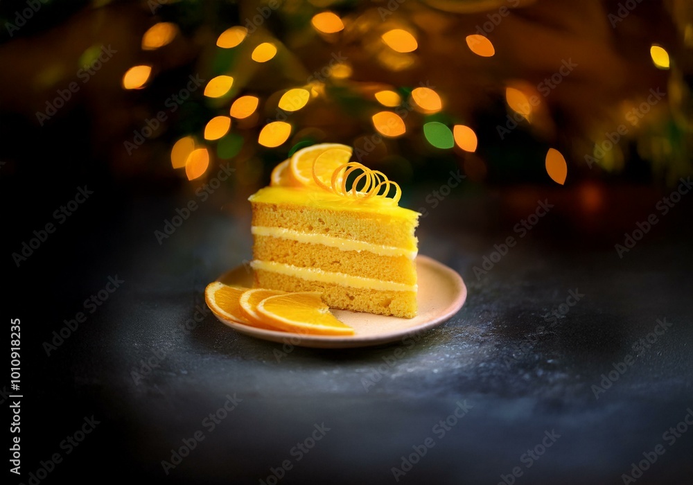 Poster a slice of orange cake with orange zest on top sits on a plate on a dark countertop. the background 