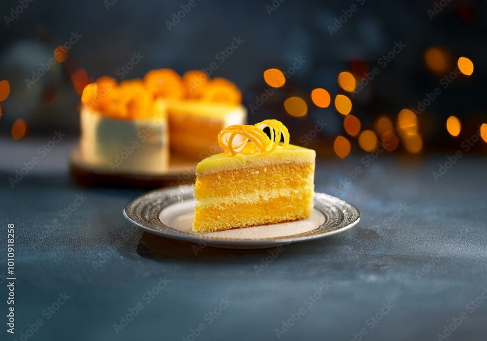 Poster a slice of orange cake on a white plate with an orange zest garnish. the cake is in focus and the ba