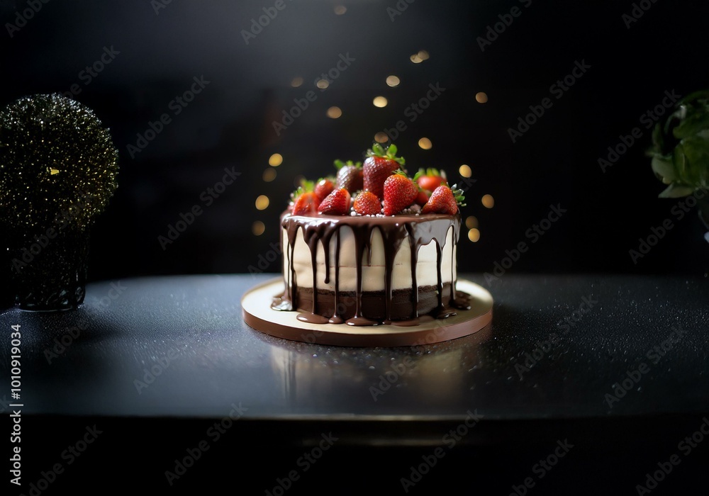 Aufkleber a chocolate cake with dripping chocolate frosting topped with fresh strawberries on a wooden cake st