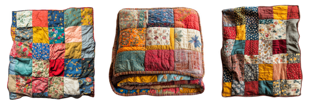 colorful patchwork quilts arranged artistic display vibrant textile design transparent background