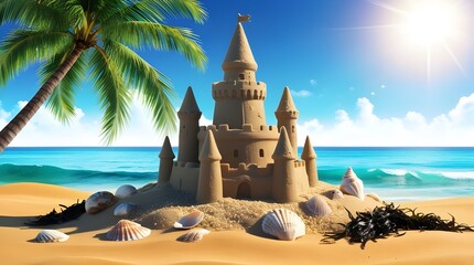 Naklejka premium Sandcastle on the shore, surrounded by palm trees, with blue ocean waves and a bright sun in the background.