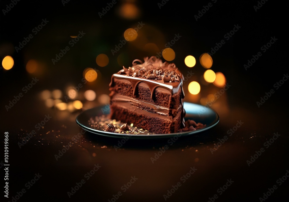 Poster a slice of chocolate cake with chocolate frosting and sprinkles sits on a dark plate. the background