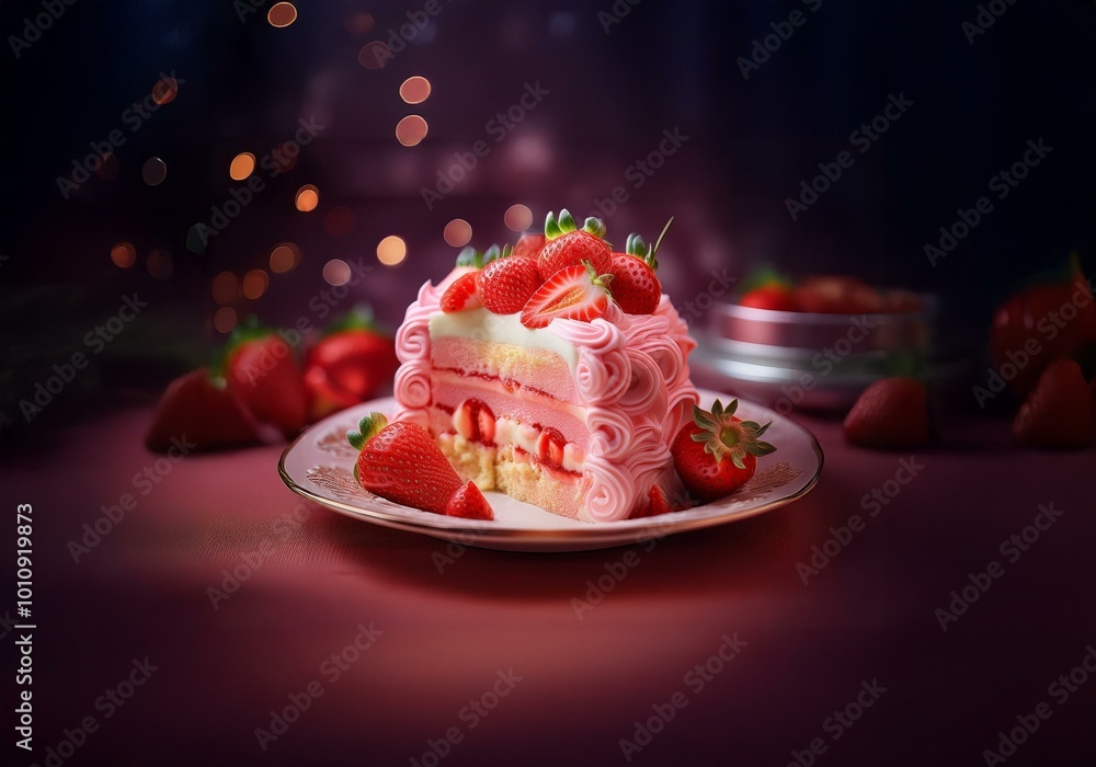 Poster A slice of strawberry cake on a white plate with strawberries around it and a blurred background of bokeh lights