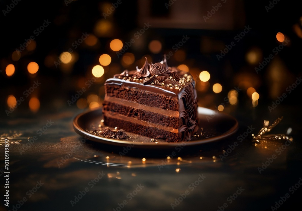 Poster a single slice of chocolate cake with a rich chocolate frosting, topped with chocolate curls and gol