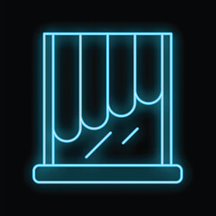 Blue glowing neon line icon representing a window with curtains isolated on a black background