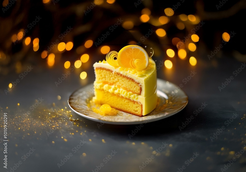 Aufkleber a slice of yellow cake with lemon zest and a lemon slice on top sits on a white plate against a dark