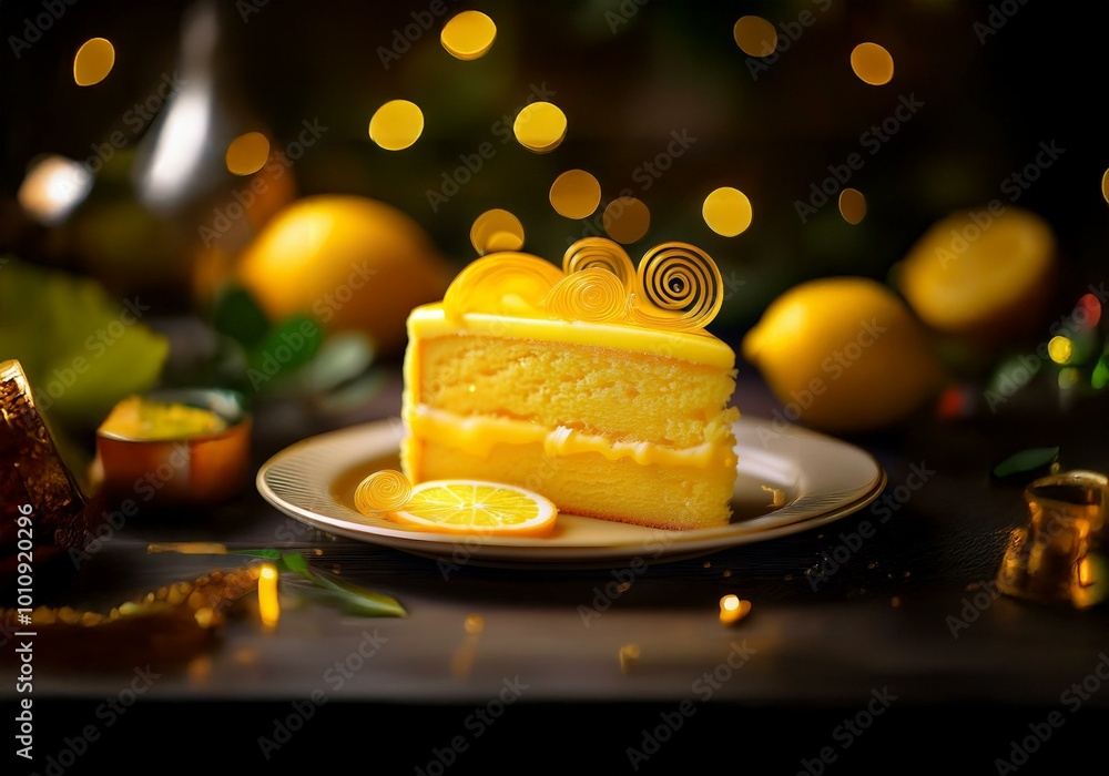 Poster A slice of lemon cake on a white plate with a lemon wedge and lemon zest curls on a dark wooden table with out of focus lights.