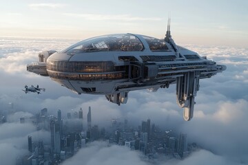 Fototapeta premium A massive futuristic spaceship hovers over a modern cityscape through drifting clouds, embodying imagination and technological marvels in an urban setting.