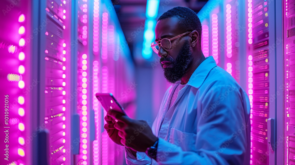 Poster network engineer monitoring data in futuristic server room using digital ai tablet technology to enh