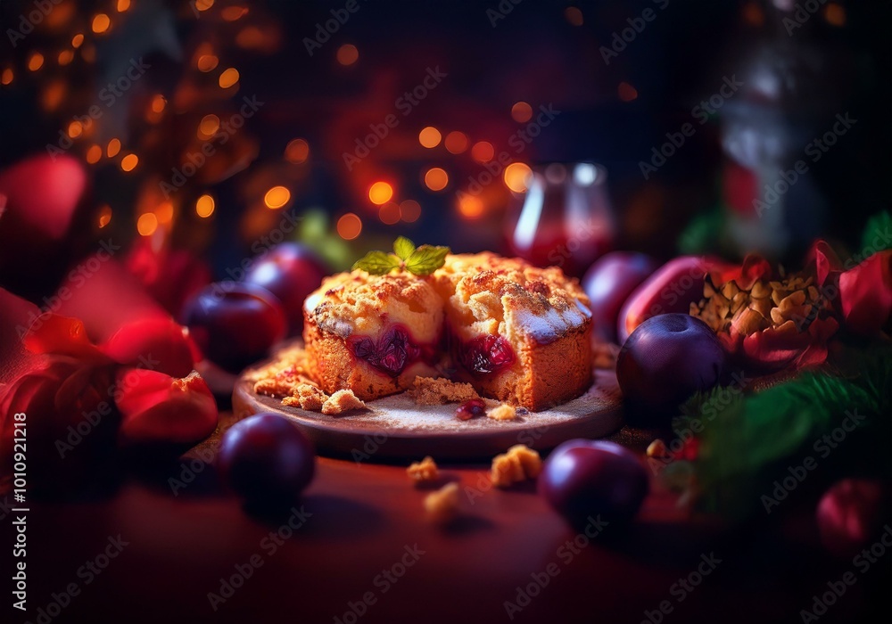 Poster a slice of plum cake with crumble topping on a wooden plate surrounded by plums, with a blurred back