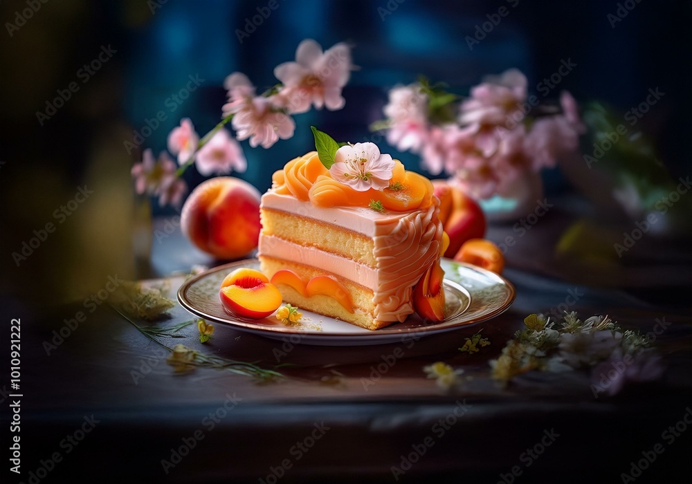 Aufkleber a slice of layered cake decorated with peach slices and buttercream frosting sits on a plate with fr