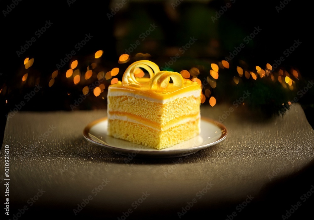 Poster A single slice of lemon cake is resting on a white plate against a dark background with bokeh lights.