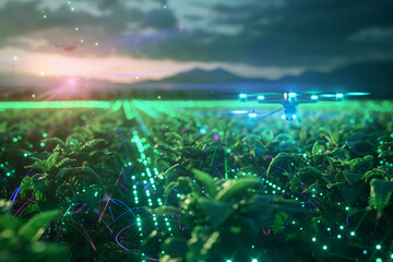Naklejka premium Agricultural Drone Monitoring Crops with LED Sensors at Dusk