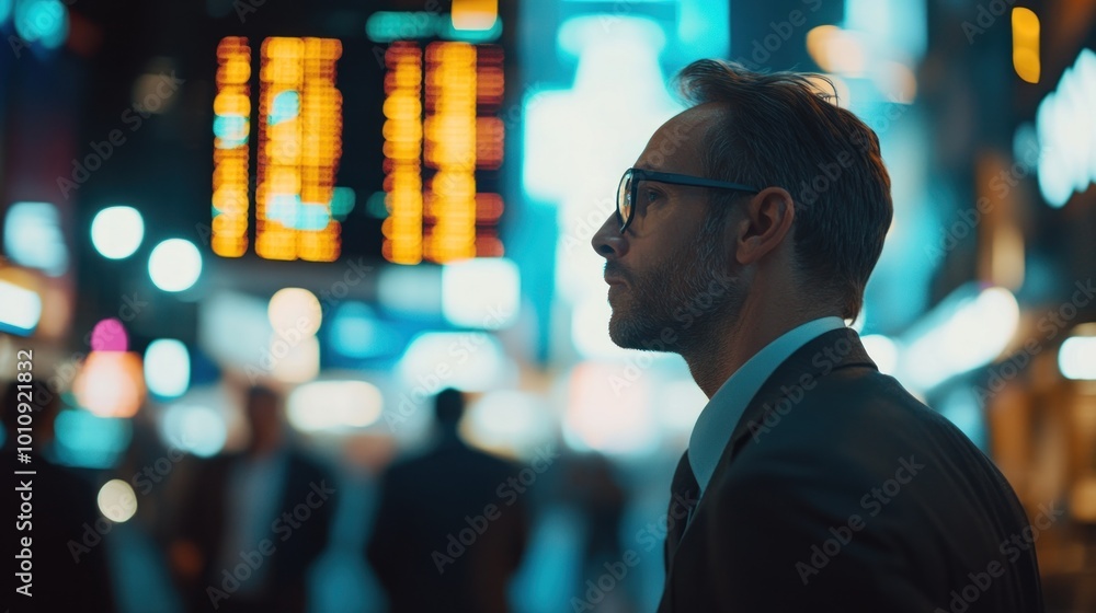 Sticker A contemplative man in a suit stands amidst vibrant city lights and blurred figures.