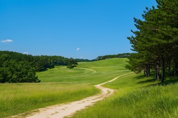 A Dirt Leads to the Green Grassy Hillside, With Trees and Blue Sky in the Background, Landscape Photography