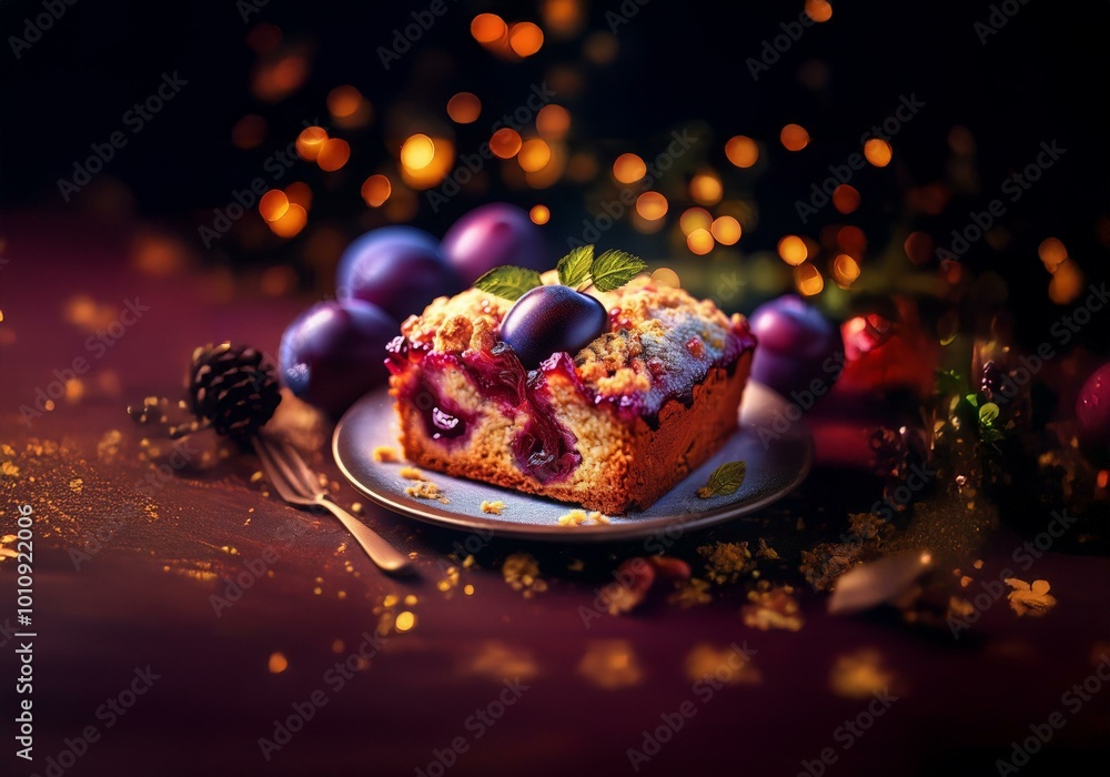 Poster A slice of plum cake with a crumb topping on a blue plate with a few plums and a pine cone in the background, all illuminated by warm bokeh lights.