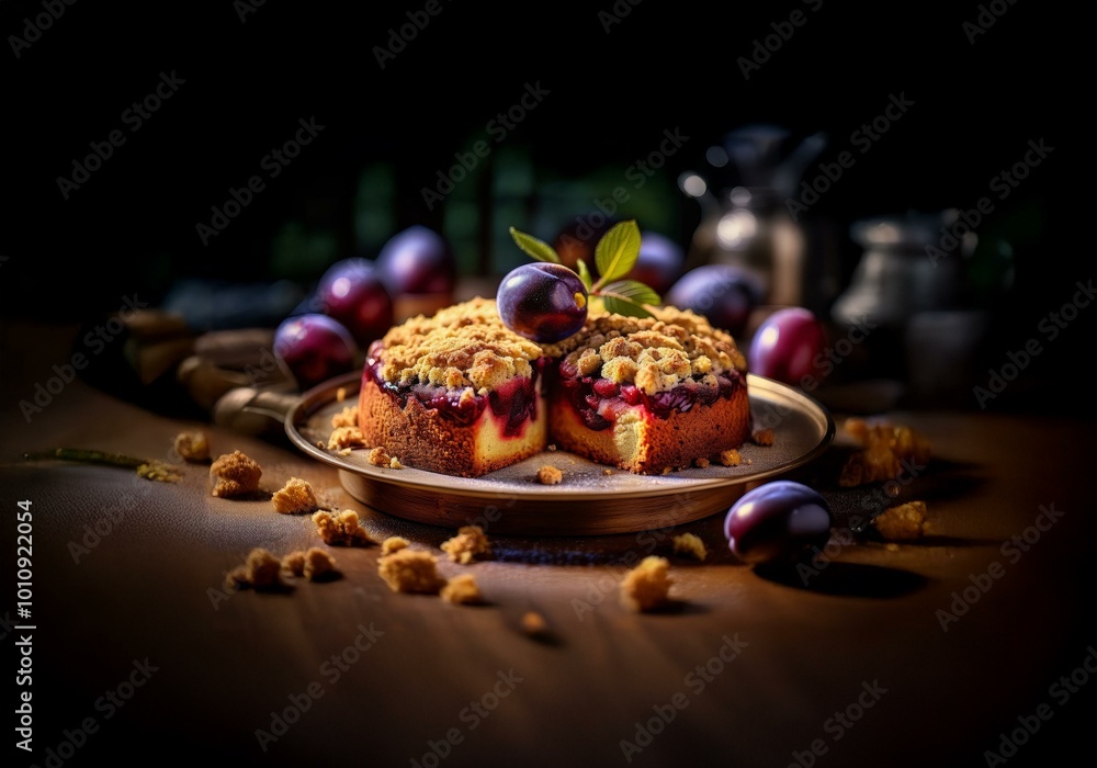 Poster a slice of plum cake with a crumble topping is sitting on a wooden table, surrounded by fresh plums.