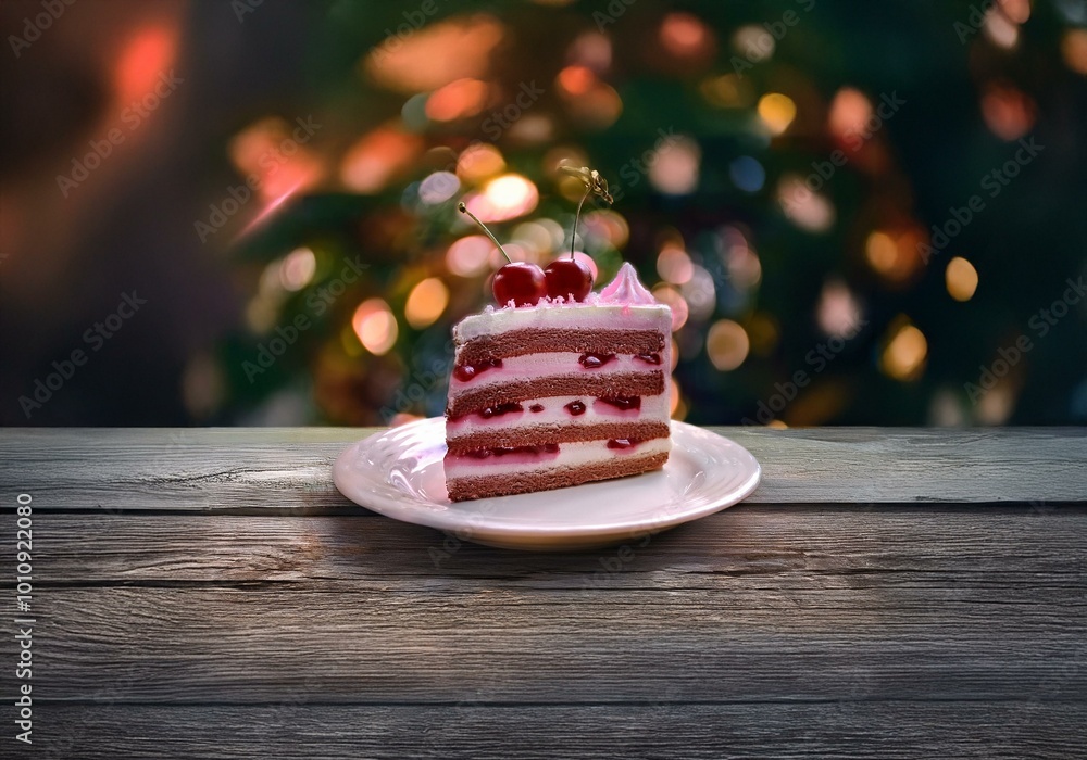 Poster a slice of cake with red filling and a cherry on top is on a plate, sitting on a wooden table with a