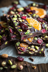 dark chocolate bark with dried fruits and nuts, on parchment paper, placed on wooden table. 