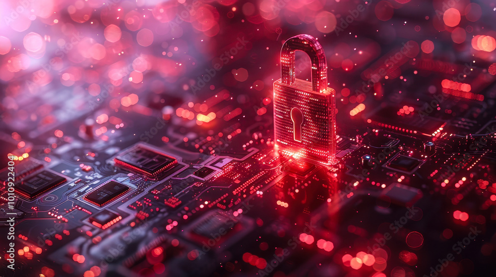 Poster futuristic cybersecurity visualization with glowing secure lock over digital circuit board, emphasiz