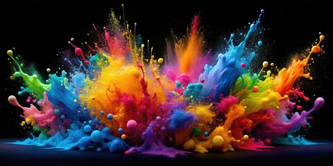 Naklejka premium Dynamic bursts of color splash onto a black canvas, forming an abstract masterpiece that enhances contemporary designs, perfect for creative projects seeking vibrant energy.