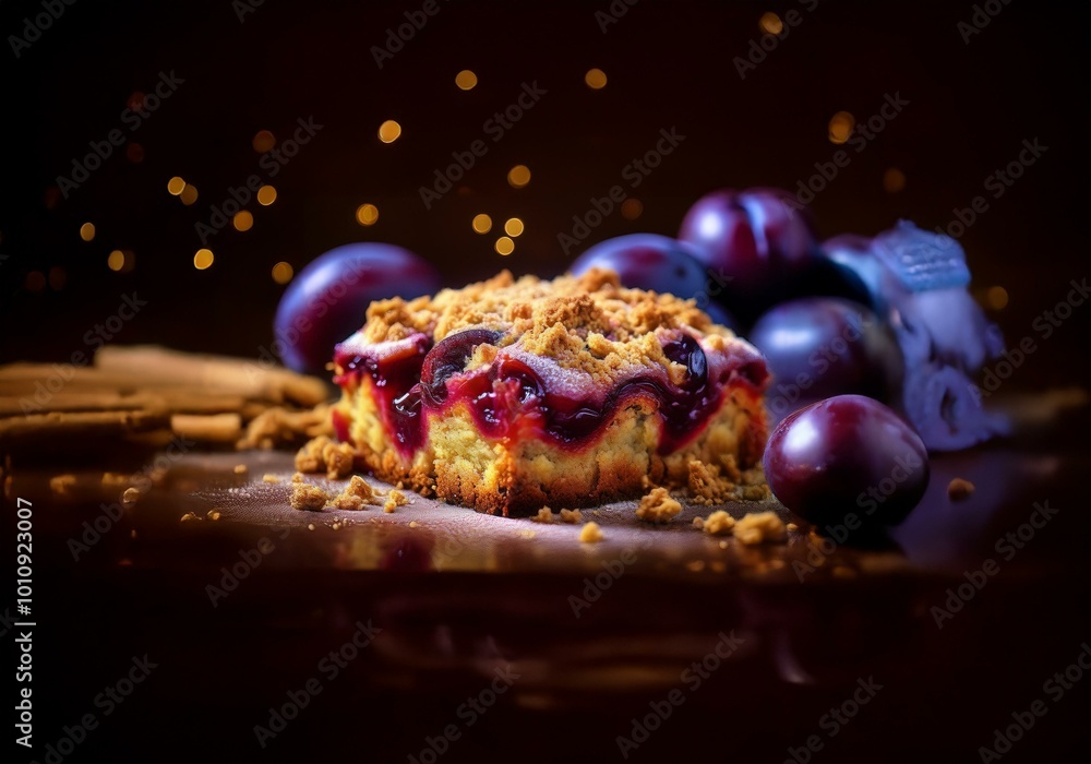 Poster a piece of plum cake with a crumble topping, surrounded by plums and a dark background with bokeh.