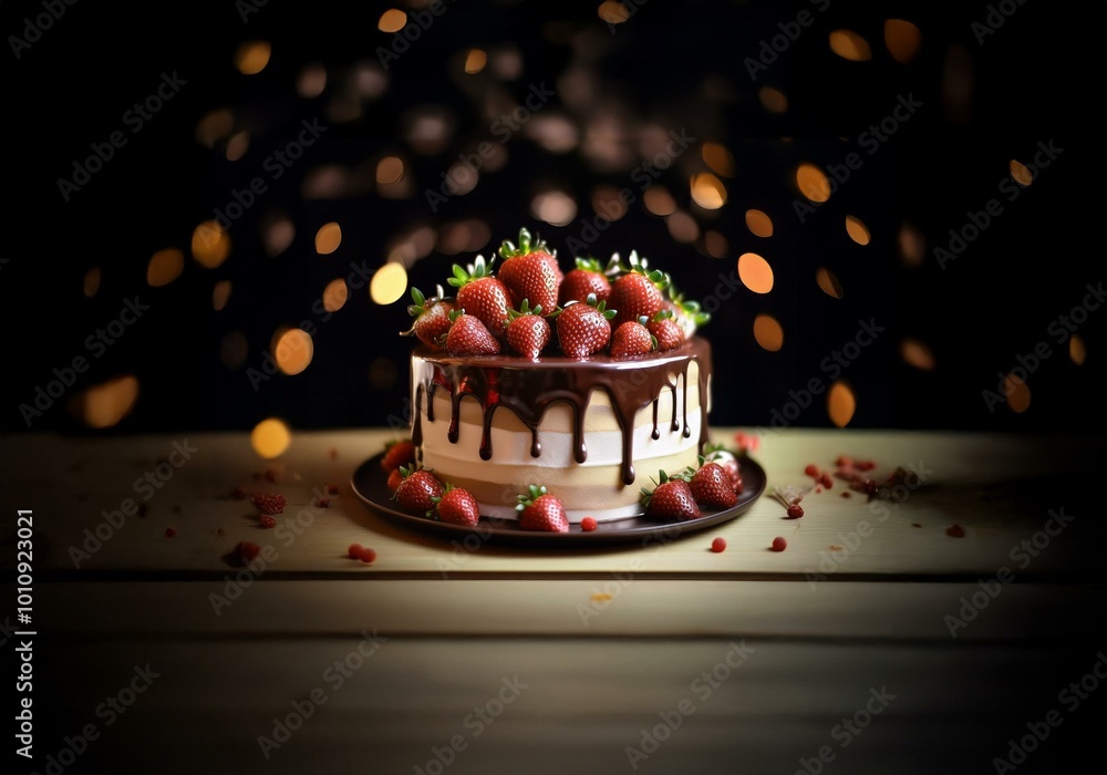 Poster a chocolate cake with a white layer, topped with strawberries and drizzled with chocolate, sits on a