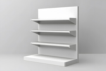 3d White Empty Product Display For Supermarket With Shelves mock up Isolated on white background. Retail shelf, ,display mockup.