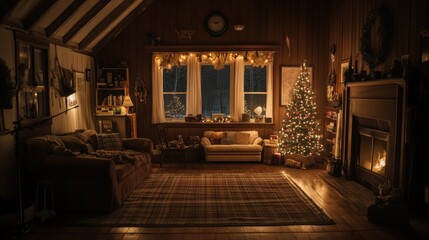 Fototapeta premium Cozy holiday living room with a Christmas tree and warm lighting.