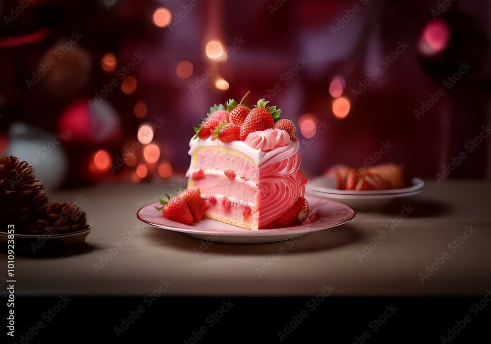 Aufkleber A slice of strawberry cake with pink frosting and a swirl design on a pink plate in front of a blurry background with red and white lights.