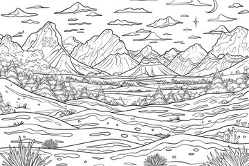 Naklejka premium Coloring book illustration of a winter landscape with snowy mountains and a sunny sky