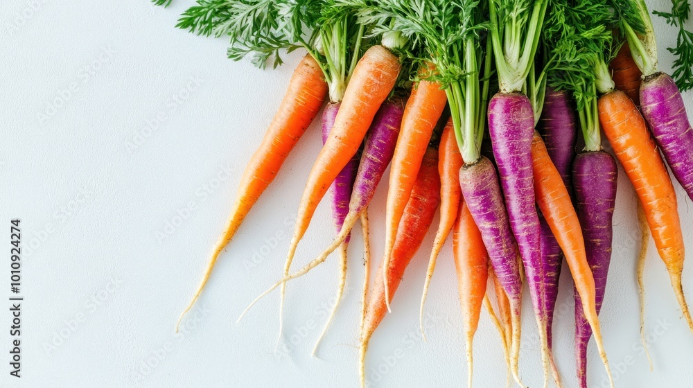 Sticker A colorful assortment of fresh carrots with leafy tops arranged on a white background.